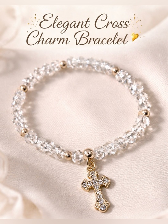unbranded Jewelry - Gold Cross Charm Bracelet with Clear Beads